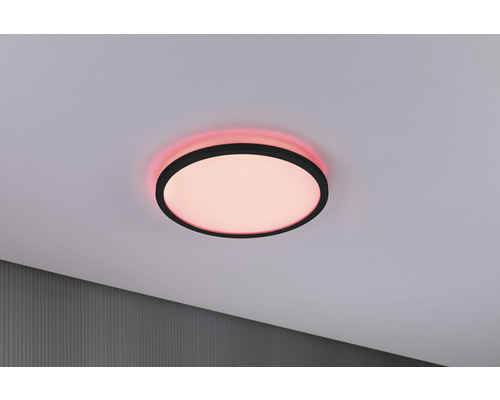 Rund taklampa med svart ram och färgad bakgrundsbelysning