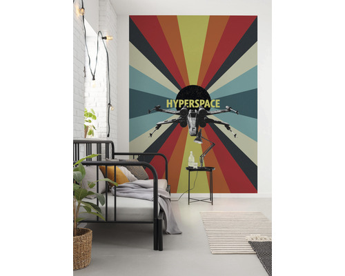 Väggdekoration i sovrummet med ett Star Wars Hyperspace-motiv.