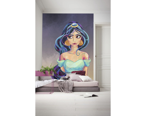 Rum med fototapet med Jasmine-motiv, säng och sidobord