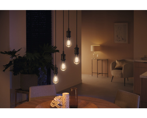 Matsal med hänglampa med fyra glödlampor i Edison-stil ovanför ett träbord