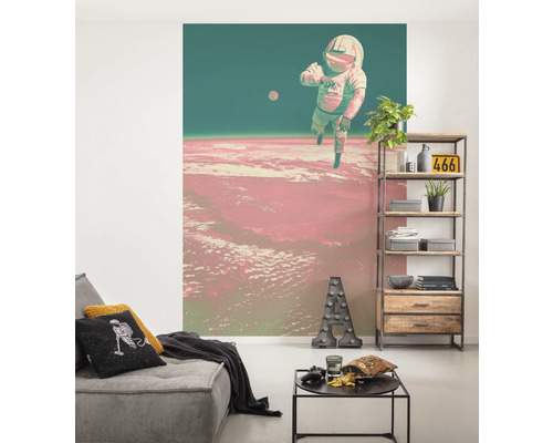 Vardagsrum med fototapet med astronautmotiv, soffa och hylla