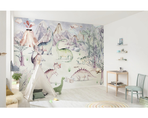 Barnrum med dinosaurietapet, lektält och trämöbler