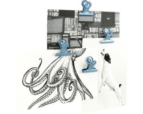 Metallklämmor fäster bilder på en vägg