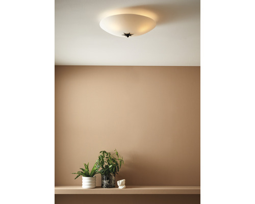 Taklampa i glas med blommigt element i ett rum