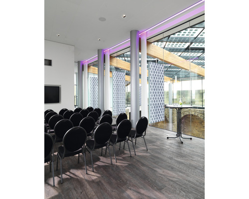 Ljust konferensrum med stolar, stort fönster och trägolv