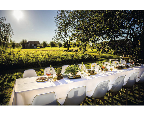 Dukat långbord med stolar i en trädgård, omgiven av träd och äng.