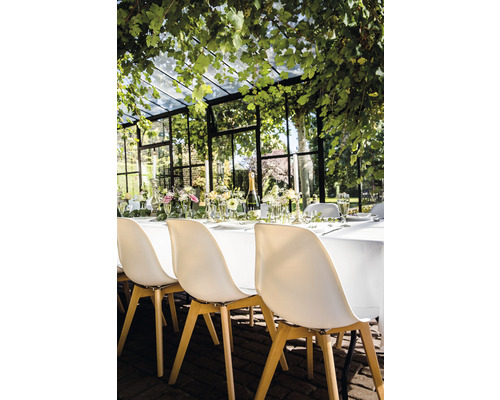 Festligt dukat bord i ett växthus med stolar