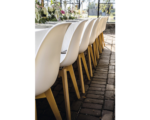 Rad av matstolar med träben vid ett dukat bord