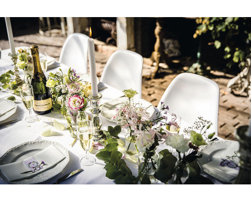 Festligt dukat bord med champagne, ljus och blommor för en fest
