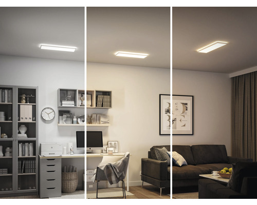 Collage av olika rumsvyer med en taklampa med olika ljusintensiteter