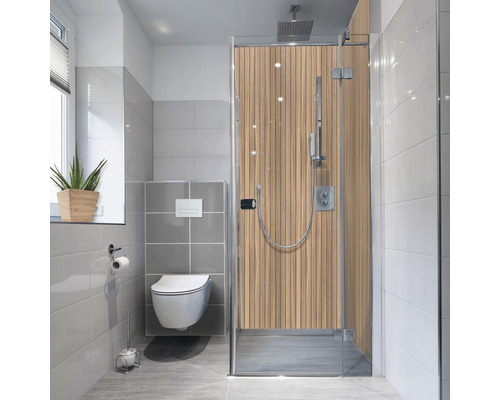 Dekorplast badrum MYSPOTTI Fresh Lärkträd träutseende 210x100 cm Badrum med dusch, toalett och fönster