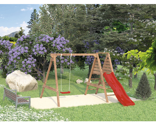 Trägunga med rutschkana i trädgården