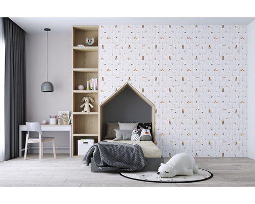 Barnrum med hussäng, skrivbord och skogstapet