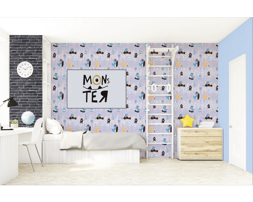 Ljust barnrum med mönstrad tapet, lekställning och skrivbord