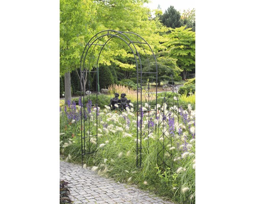 Trädgårdsscen med rosenbåge, prydnadsgräs och stengång