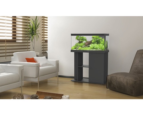 Vardagsrum med akvarium på underskåp