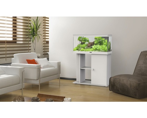 Akvarium med underskåp och vattenväxter i vardagsrummet