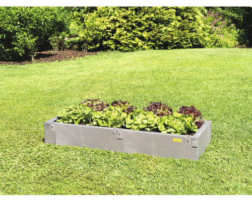 Odlad bädd av plast med salladsplantor på en gräsmatta