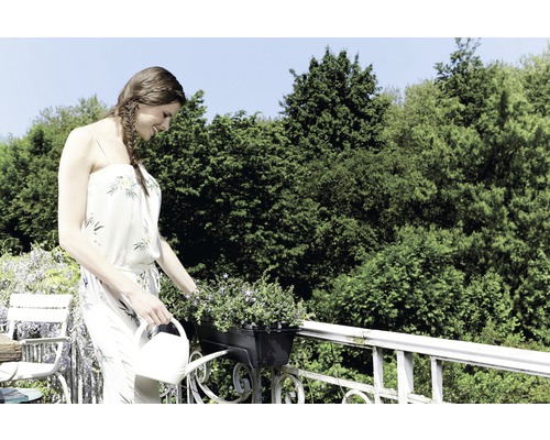 Kvinna vattnar blommor i en balkonglåda med en vattenkanna.