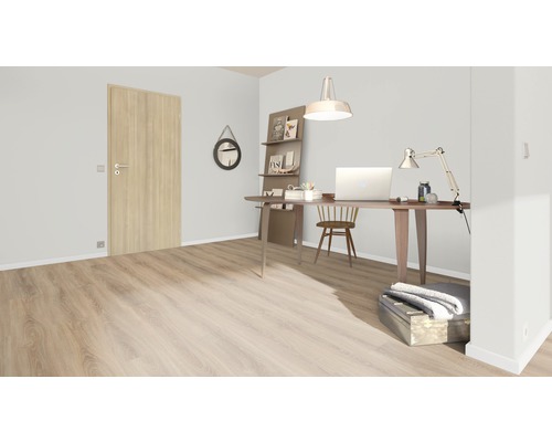 Ljust arbetsrum med skrivbord, stol, hyllor och trädörr.