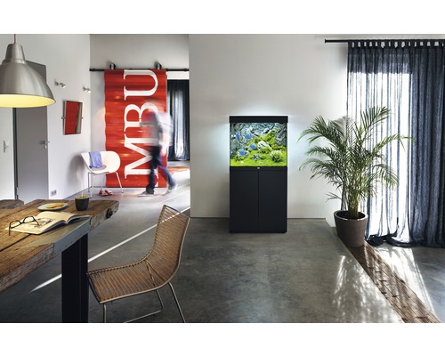 Vardagsrum med akvarium på underskåp, matbord och stolar