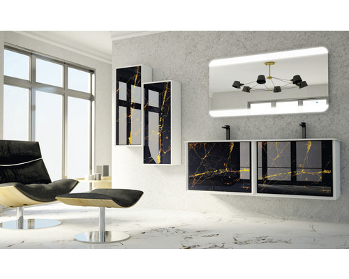 Modernt badrum med tvättställsskåp, spegelskåp och fåtölj