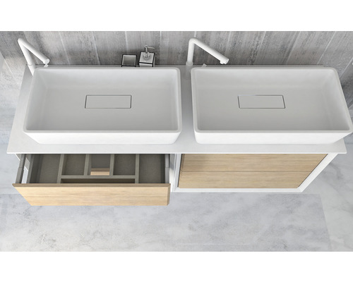 Dubbla handfat med underskåp och öppna lådor