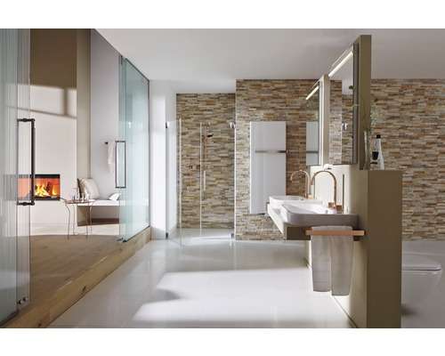 Modernt badrum med dusch, dubbla handfat, element, öppen spis och stenmur