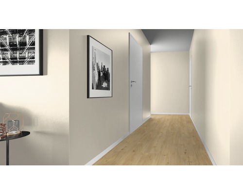 Hall med laminatgolv, vita dörrar och inramade bilder på väggen