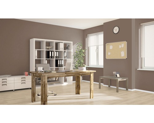 Kontor med skrivbord, hylla och kontorsmaterial