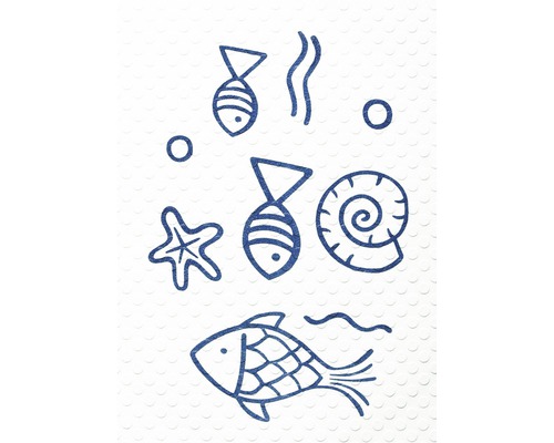 Illustration av havsdjur: fiskar, sjöstjärna och snäcka