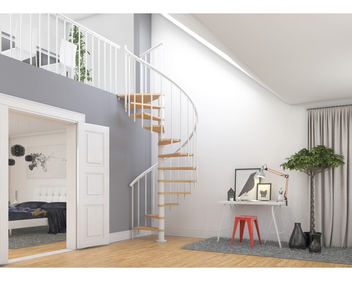 Modernt vardagsrum med spiraltrappa, skrivbord och utsikt över sovrummet