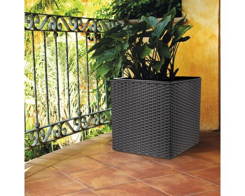 Dekorativ planteringslåda med växter på en terrass.