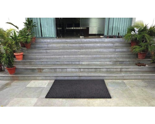 Entré med trappa, växter och dörrmatta