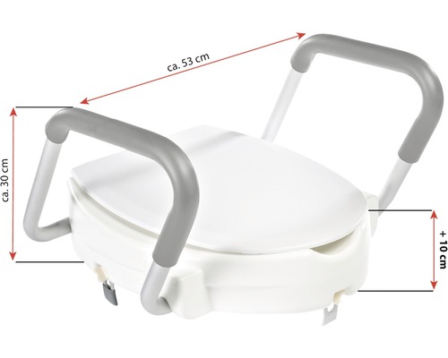 Toalettförhöjning med armstöd, cirka 53 centimeter bred och 30 centimeter hög