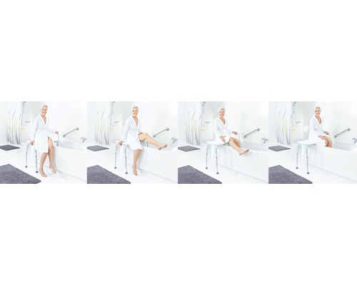 Fyra vyer över ett badrum med badkar, stödhandtag och badkarsstol med dam i badrock.