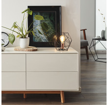 Vardagsrumsscen med skänk, bordslampa, krukväxt och inramad bild