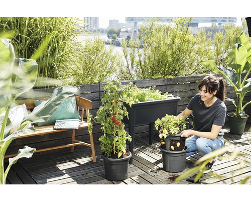 Trädgårdsplanteringsscen med upphöjd rabatt, planteringskärl och kvinna på terrassen