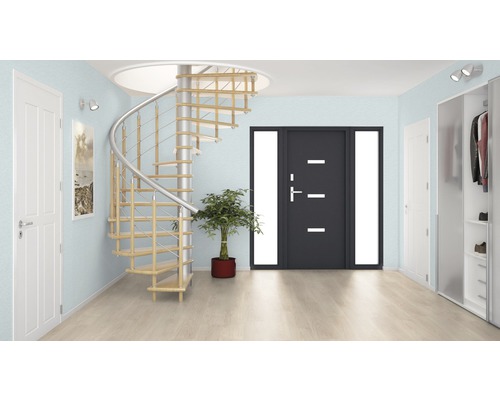 Entré med spiraltrappa, ytterdörr och garderob.