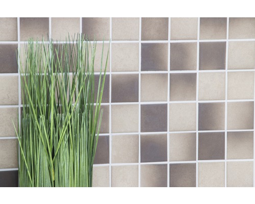 Dekorativa gröna grässtrån framför en vägg av keramiska mosaikplattor