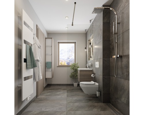 Modernt badrum med dusch, toalett, handfat och handdukstork