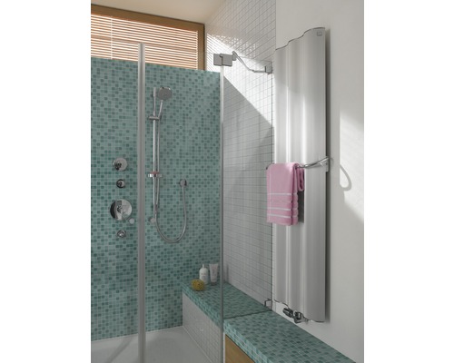 Ljust badrum med dusch, sittbänk och element