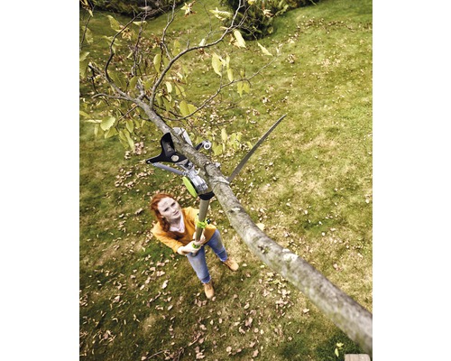 Kvinna använder en stångsåg för att beskära ett träd i trädgården.