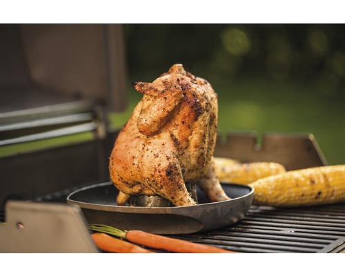 Grillad kyckling på en grill med majskolvar och morötter