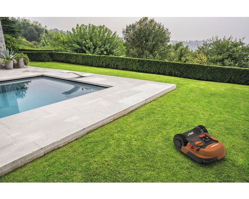 Robotgräsklippare på gräsmatta bredvid en pool