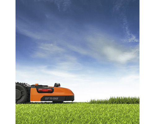 Orange robotgräsklippare på gräsmatta mot blå himmel