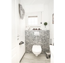 Modern gästtoalett med toalett, mosaikvägg och dekoration