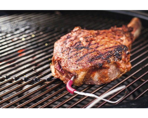 Tomahawk steak på grill med köttermometer