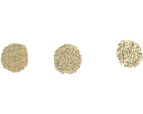 Tre högar av dekorflis i olika kornstorlekar