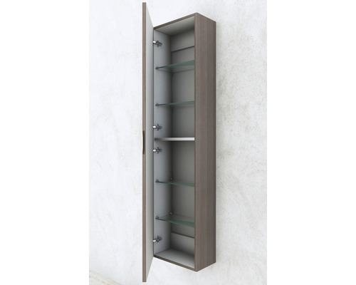 Öppet badrumsskåp med glashyllor